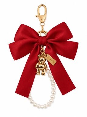 Coach Gold Teddy Bear w/ Red Bow & Pearl Keyring/Bag Charm • NWT • AUTHENTIC